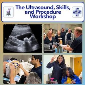 Nurse Practitioner performing bedside ultrasound in a small class setting for acute care CME.